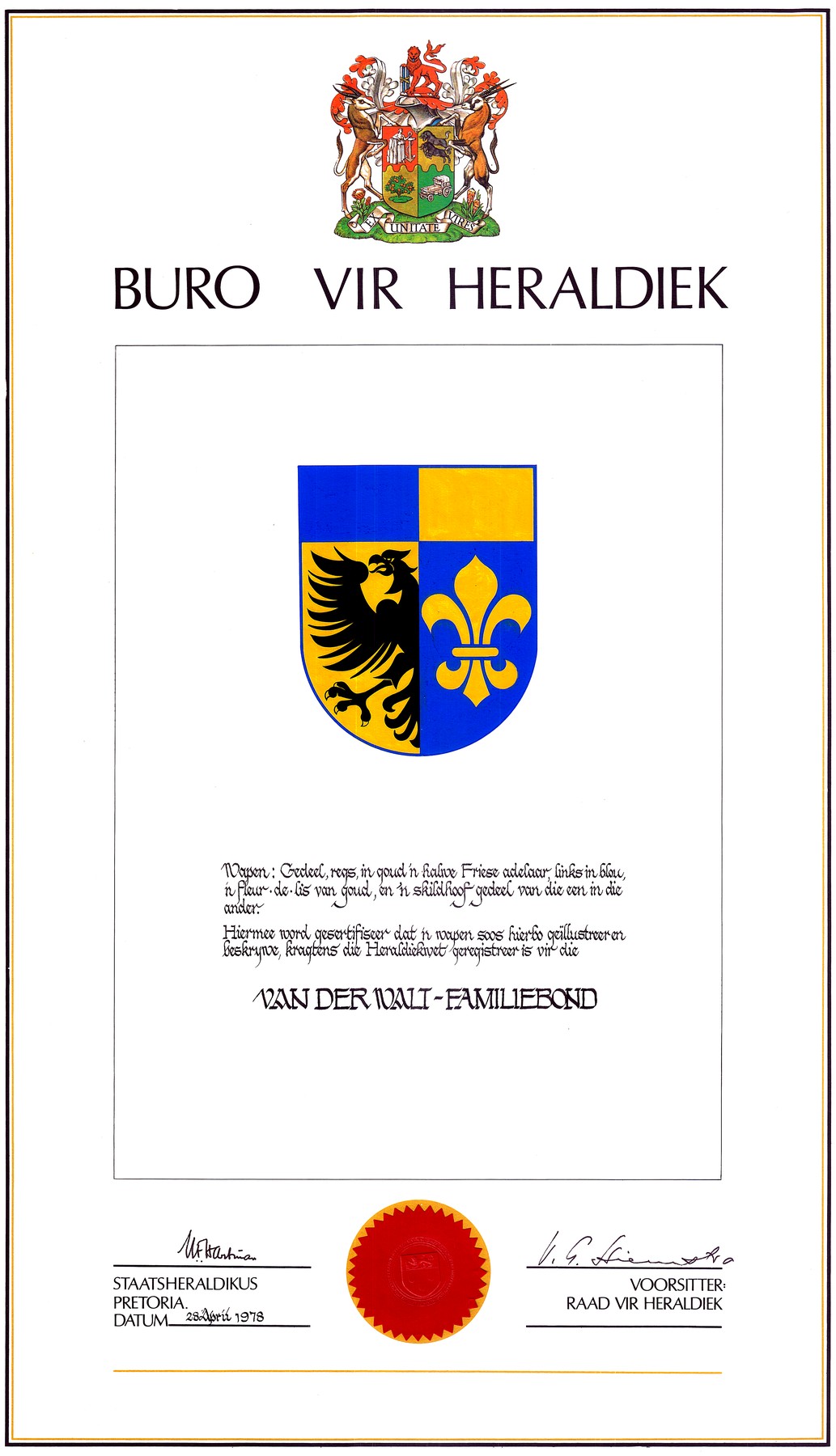 The official 1978 Bureau of Heraldry certificate registering the Van der Walt-Familiebond arms